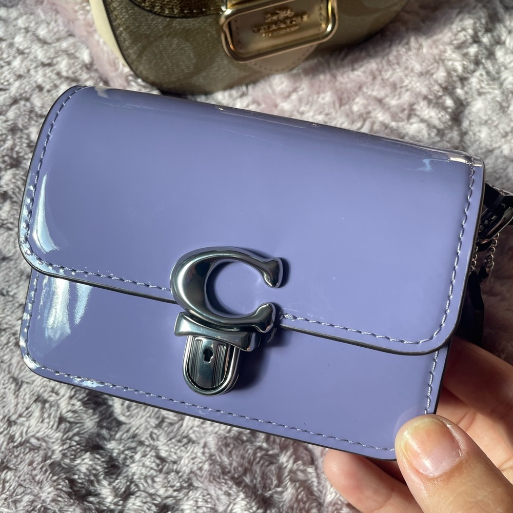 coach studio 12 crossbody in purple patent leather